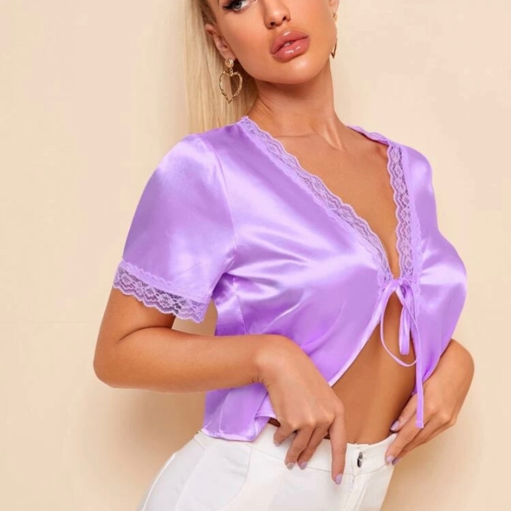Front tie satin top